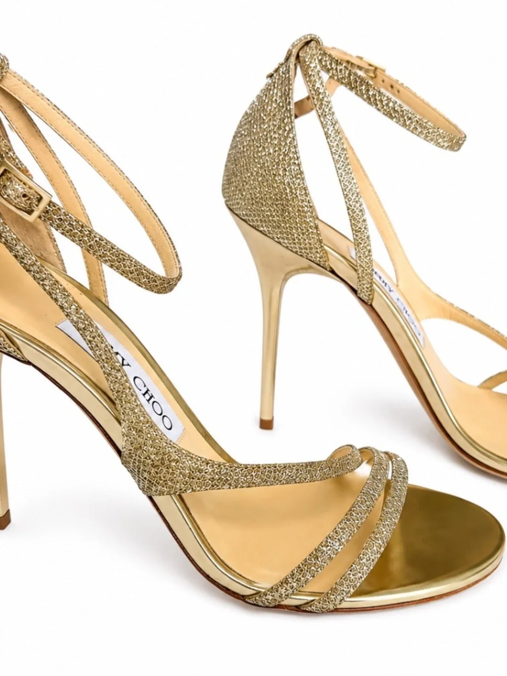 Jimmy Choo Valez Gold Glitter Strappy Sandal Heels Size 38